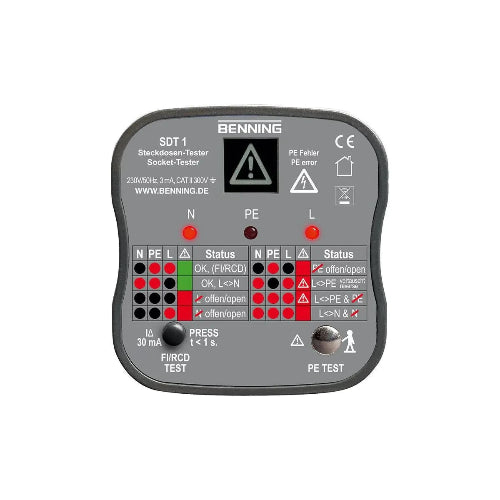 Benning SDT 1 Steckdosentester 230V mit PE und FI-Test CAT II 300V